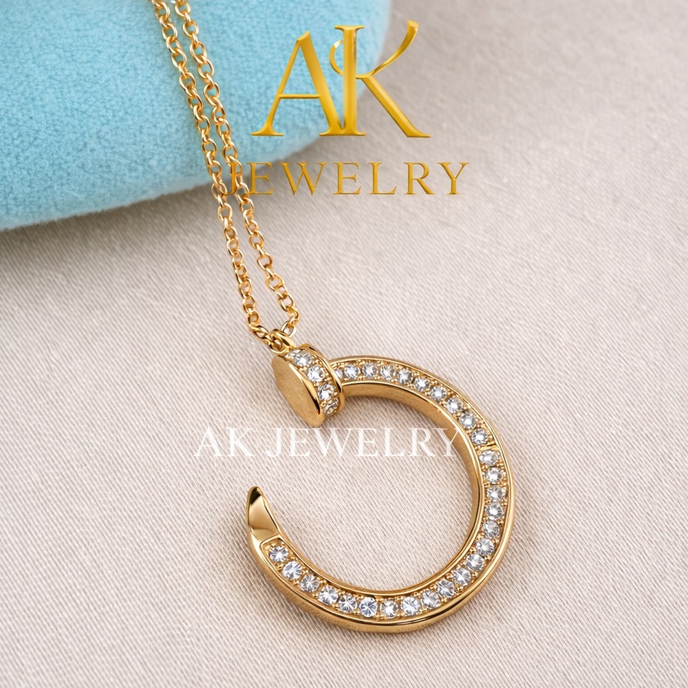💎18k LUXURY NAIL Necklace Round Screw Pave Stones Gold Plated, 18” Chain